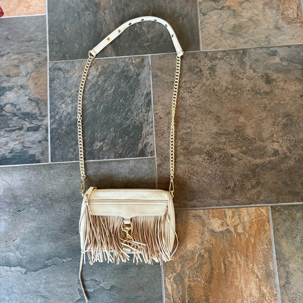 Rebecca Minkoff Fringe Mini Mac Bag Purse Taupe Leather Gold Chain